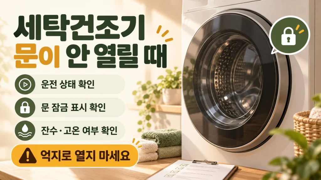 세탁건조기 문이 안 열릴 때, 운전 상태·문 잠금 표시·잔수 확인 순서