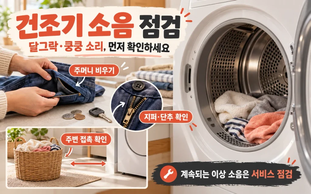 건조기에서 달그락·쿵쿵 소리가 날 때, 주머니·금속 장식·주변 간섭 확인 순서