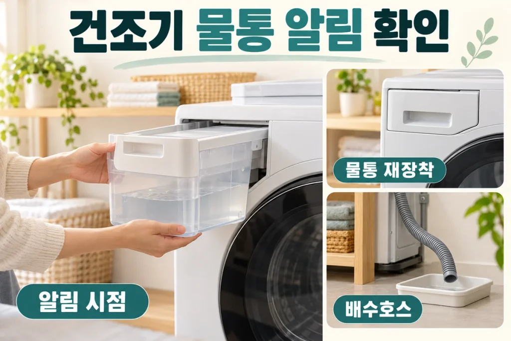 건조기 물통 비우기 알림이 뜰 때, 물통 재장착·배수호스 확인 순서