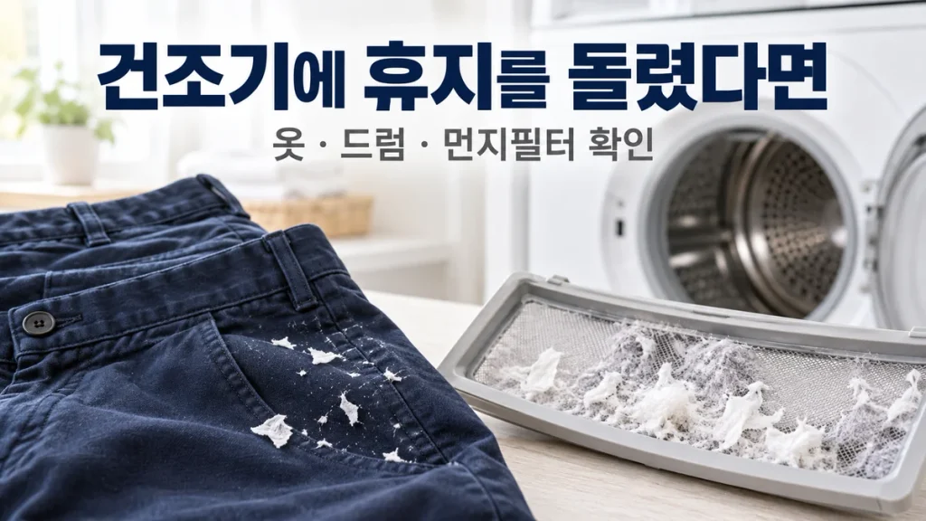 건조기에 휴지를 함께 돌렸을 때, 옷·드럼·먼지필터 확인 순서