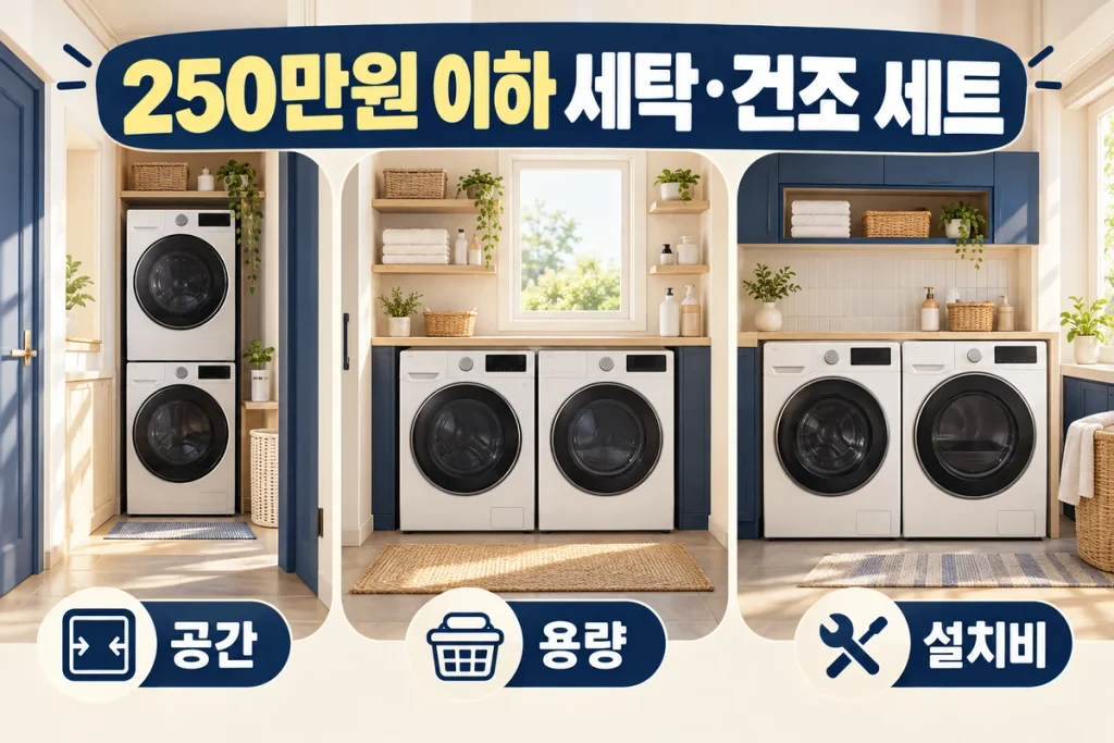250만원 이하 세탁기 건조기 세트 비교, 삼성 슬림·LG 19kg·삼성 21kg 선택 기준